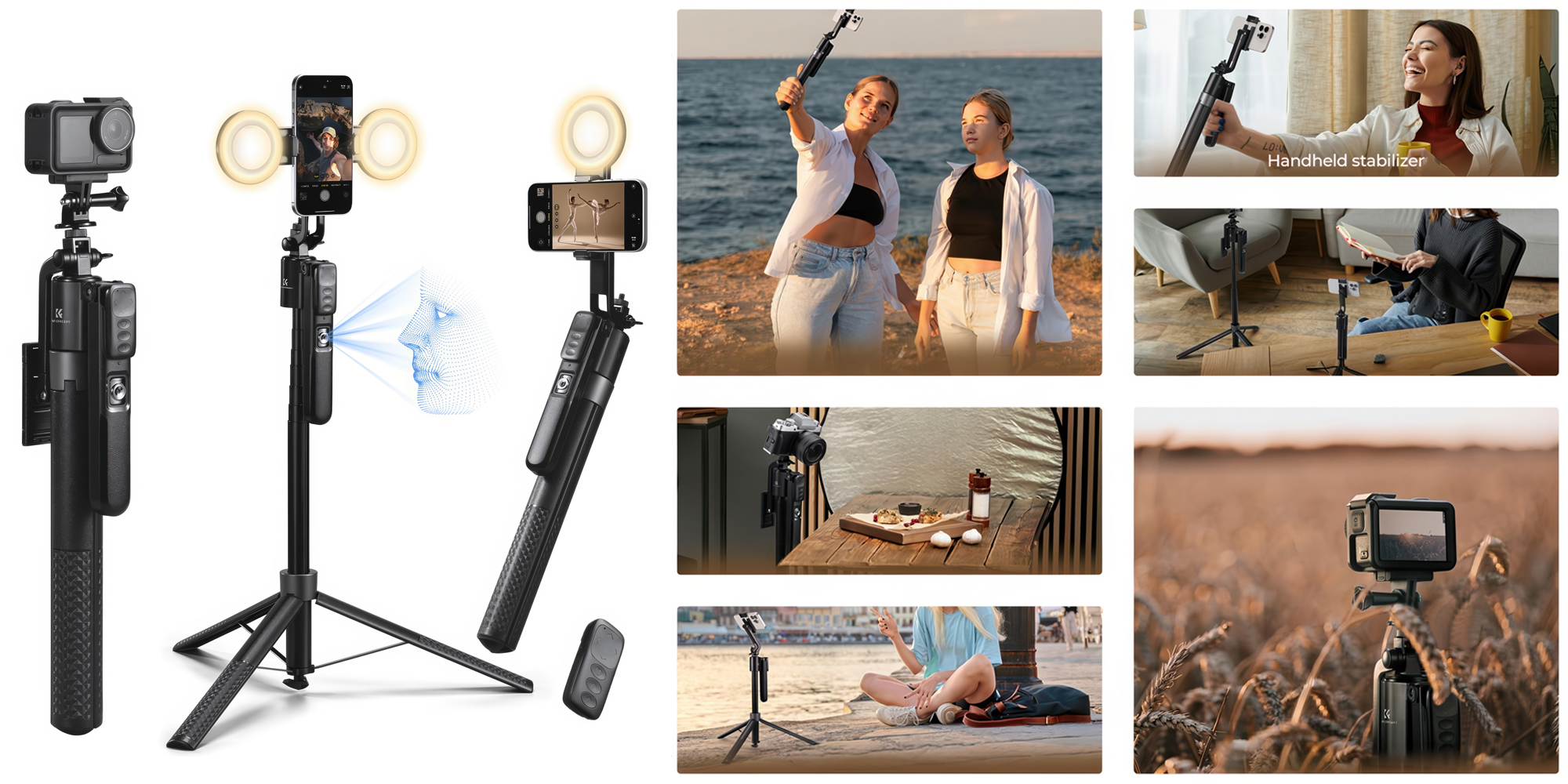 Statyw K&F Concept X106 z modułem śledzenia twarzy i lampą LED - 7 trybów pracy w jednym urządzeniu